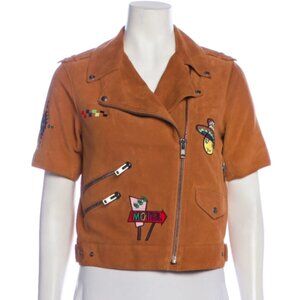 Mira Mikati Caramel Goat Leather Embroidered Biker Jacket M $986